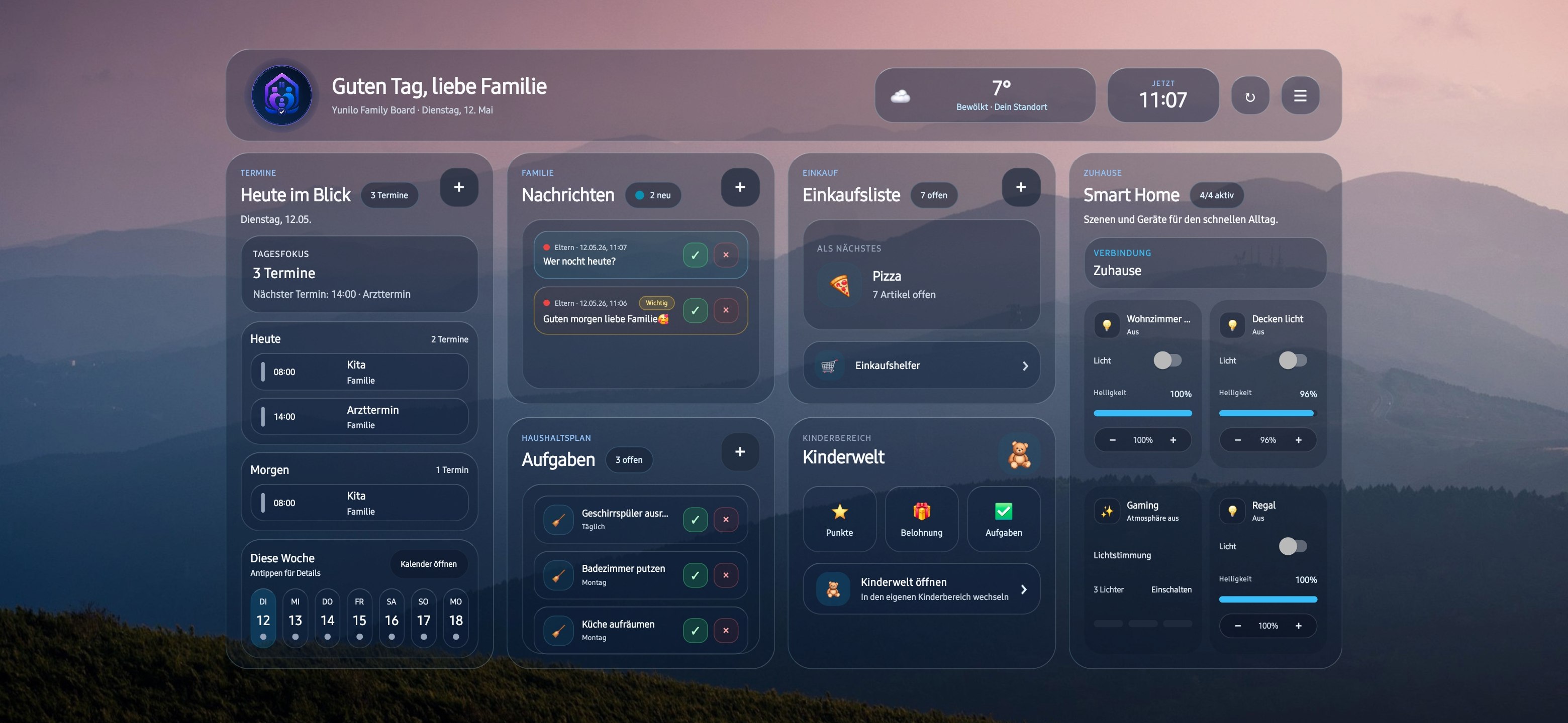 Yunilo Family Board Dashboard mit Kalender, Nachrichten, Einkauf, Aufgaben und Kinderwelt